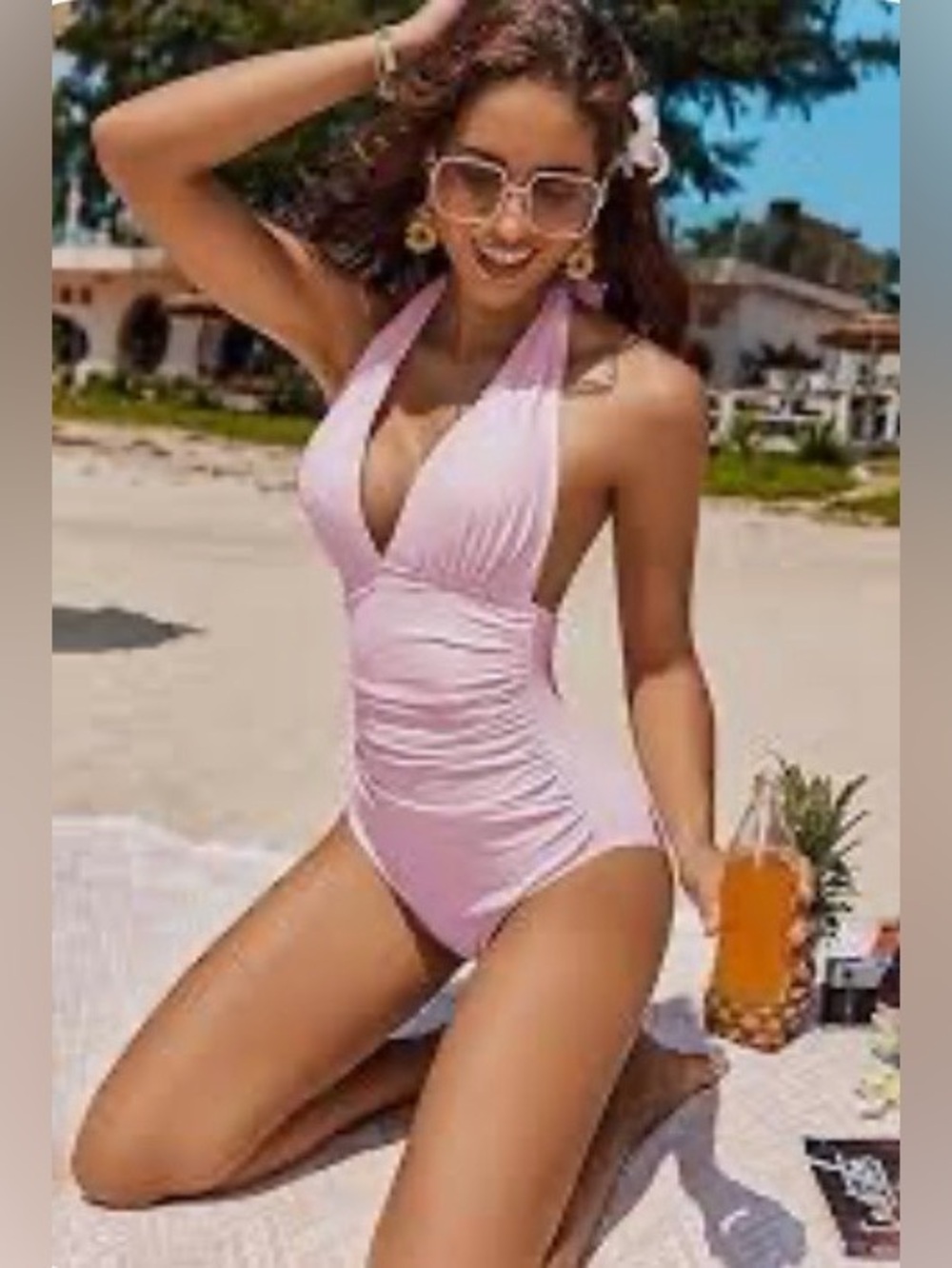 AI'MAGE halter one-piece V-Neck soft pink swimsuit With Tummy Control Ruching S